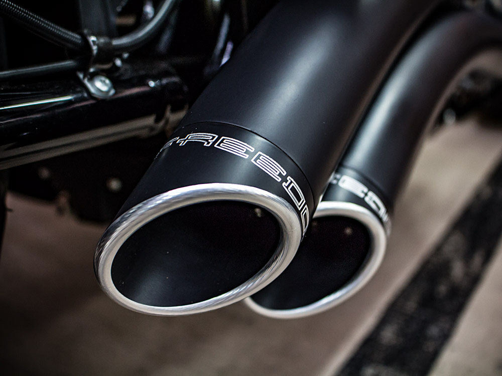 Sharp Curve Radius Exhaust – Black With Black End Caps. Fits Softail 2018up. – Freedom Performance Exhaust